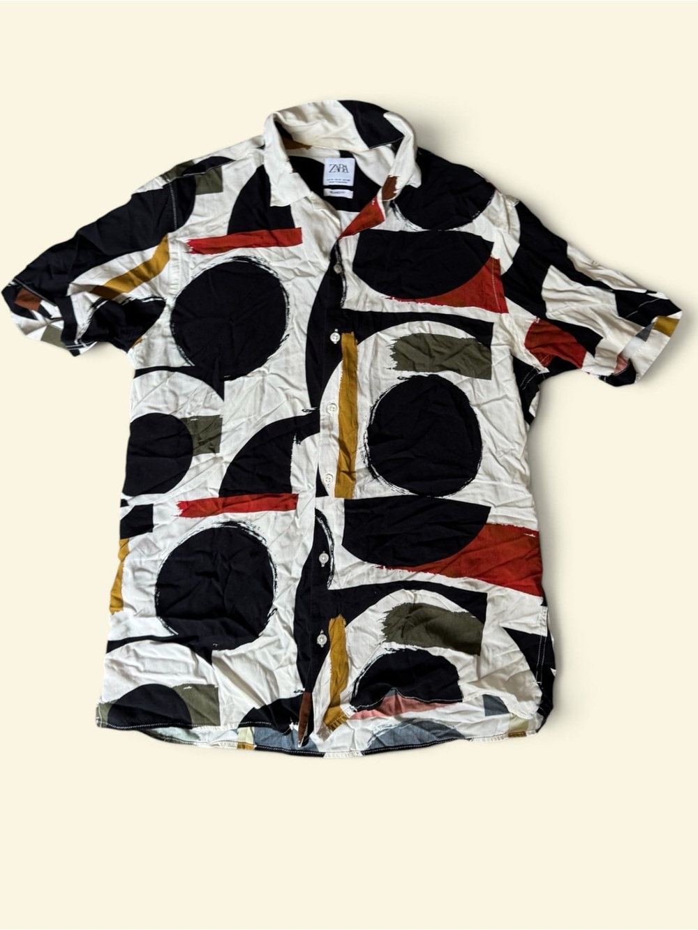 Zara Men Short-Sleeve Abstract Circle Print Shirt in White, Black, Red & Olive